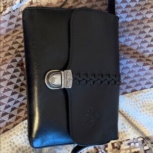 Patricia Nash Black Leather Crossbody Wallet with Woven Accent